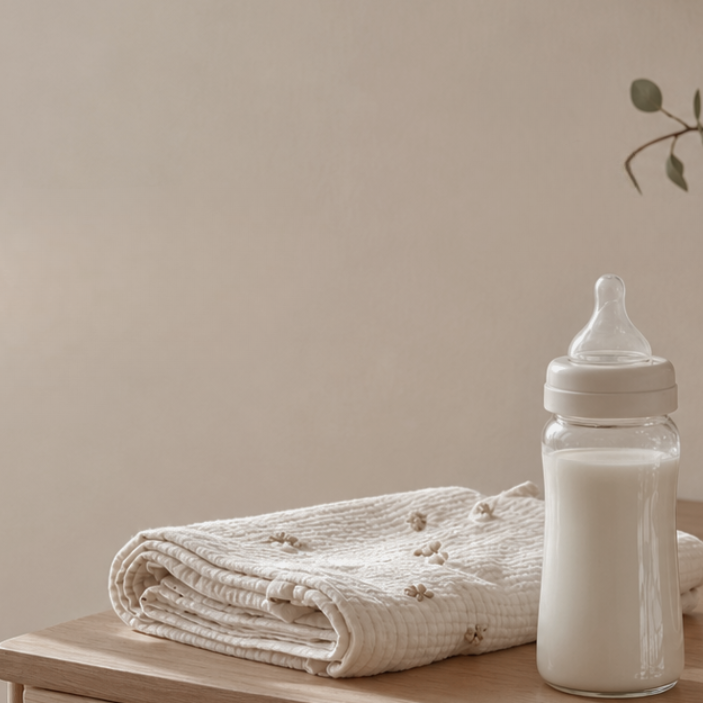 A baby bottle filled with milk and a folded cream knit blanket with small embroidered dots, styled on a wooden table in a softly lit nursery setting with plants and a woven basket.